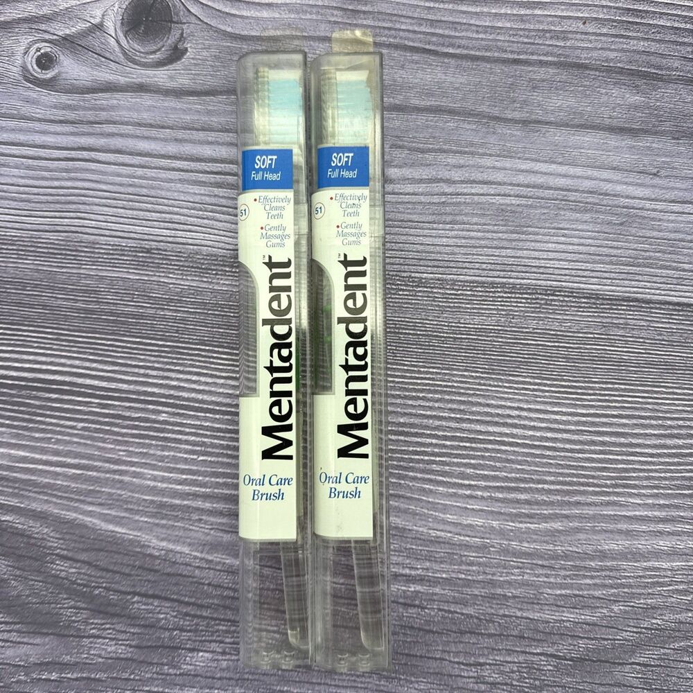 2 LOT Mentadent 51 Toothbrush Soft Full Head Flared Side Bristles GREEN Handle